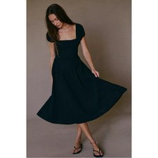 Free People Ciara Pucker Check Midi Dress in Black Medium Classic Minimalist