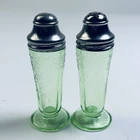 Hazel Atlas Florentine Lace Green Salt Pepper Shakers RARE Uranium Glass