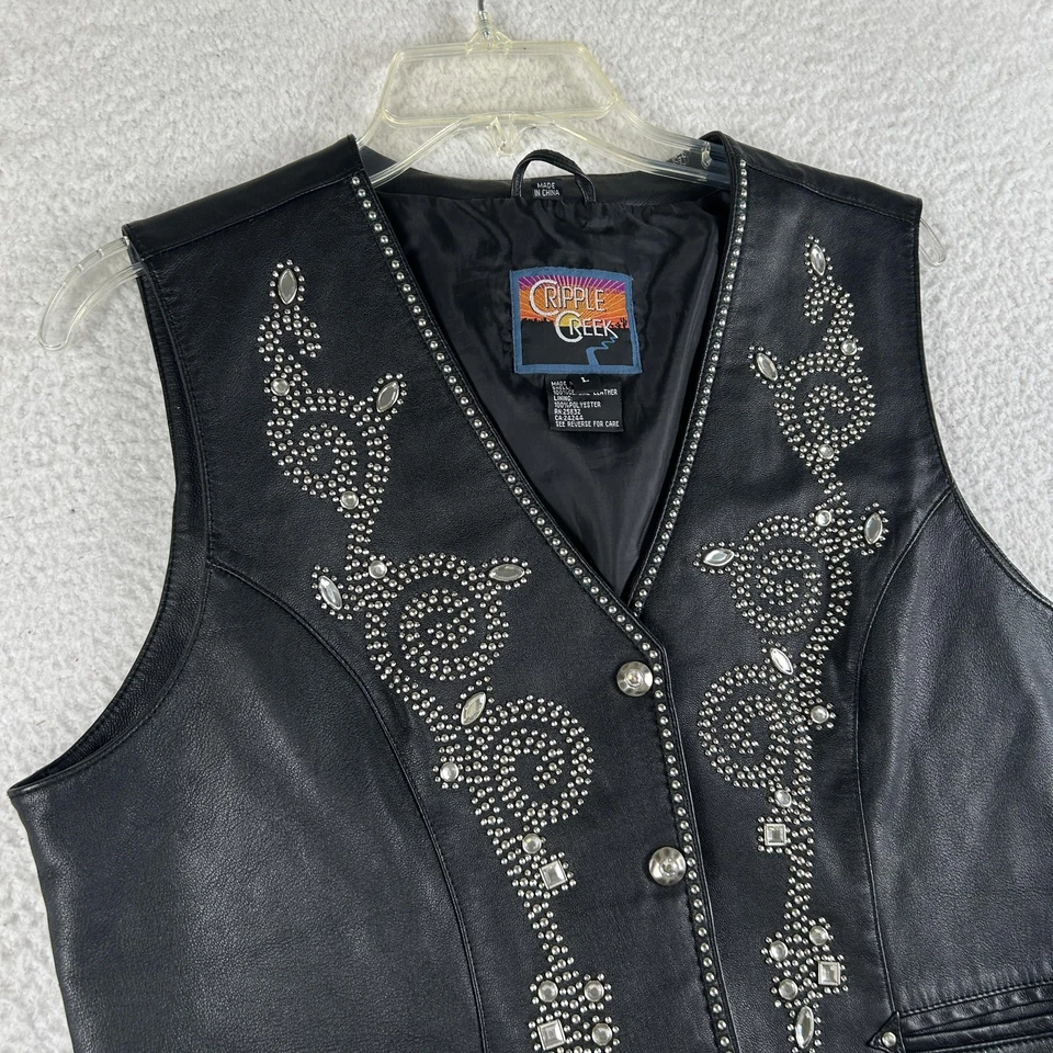 Cripple Creek Vest Womens Large Black Leather Western Studded Rhinestone Biker - Image 2 of 4