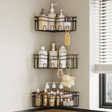 Black corner shower caddy with depth caddy and Built in 12 hooks rustproof wa...