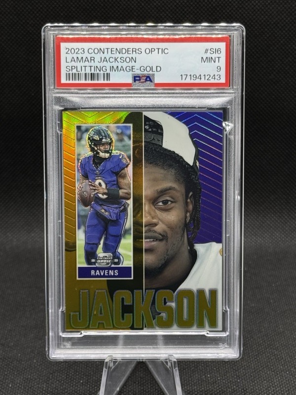 🔥GOLD /10!🔥 2023 Contenders Optic Splitting Image Gold Lamar Jackson PSA 9