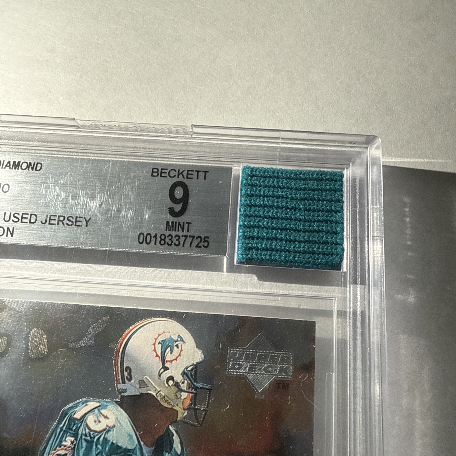 Dan Marino BGS 9 Miami Dolphins Game worn patch view 2