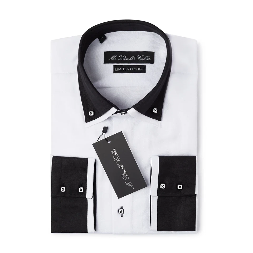 Chemise Habillée Homme Coton Col Double Noir & Blanc Manches Longues - Photo 1/1
