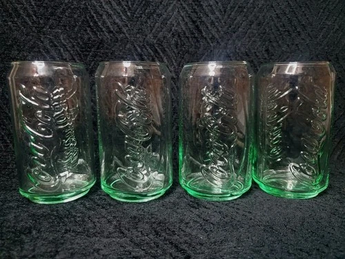 4 Vintage Coca-Cola Green Glass Can Shaped Drinking Glasses 12oz Excellent