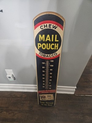 Mail Pouch Tobacco Chew Advertising Thermometer Sign - Black Beige Red Yellow