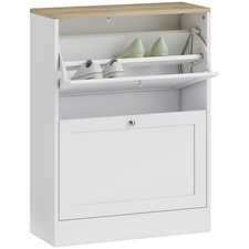 Slim Shoe Storage Cabinet 2 Flip Drawers Adjustable Shelves White Oak Organiser