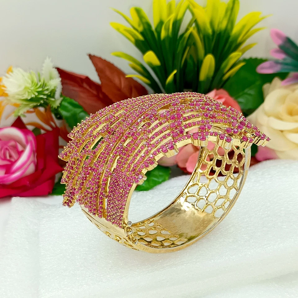 Luxurious Ruby Bangle Bracelet | Gold-Plated Bridal Cuff | Statement Jewelry for - Image 2 of 4