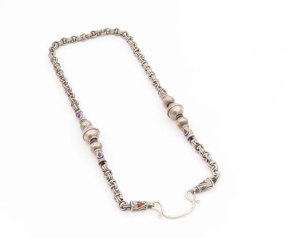 925 Sterling Silver Vintage Necklace Enamel Beaded Bohemian Tribal Chain NE4722 - Image 2 of 4