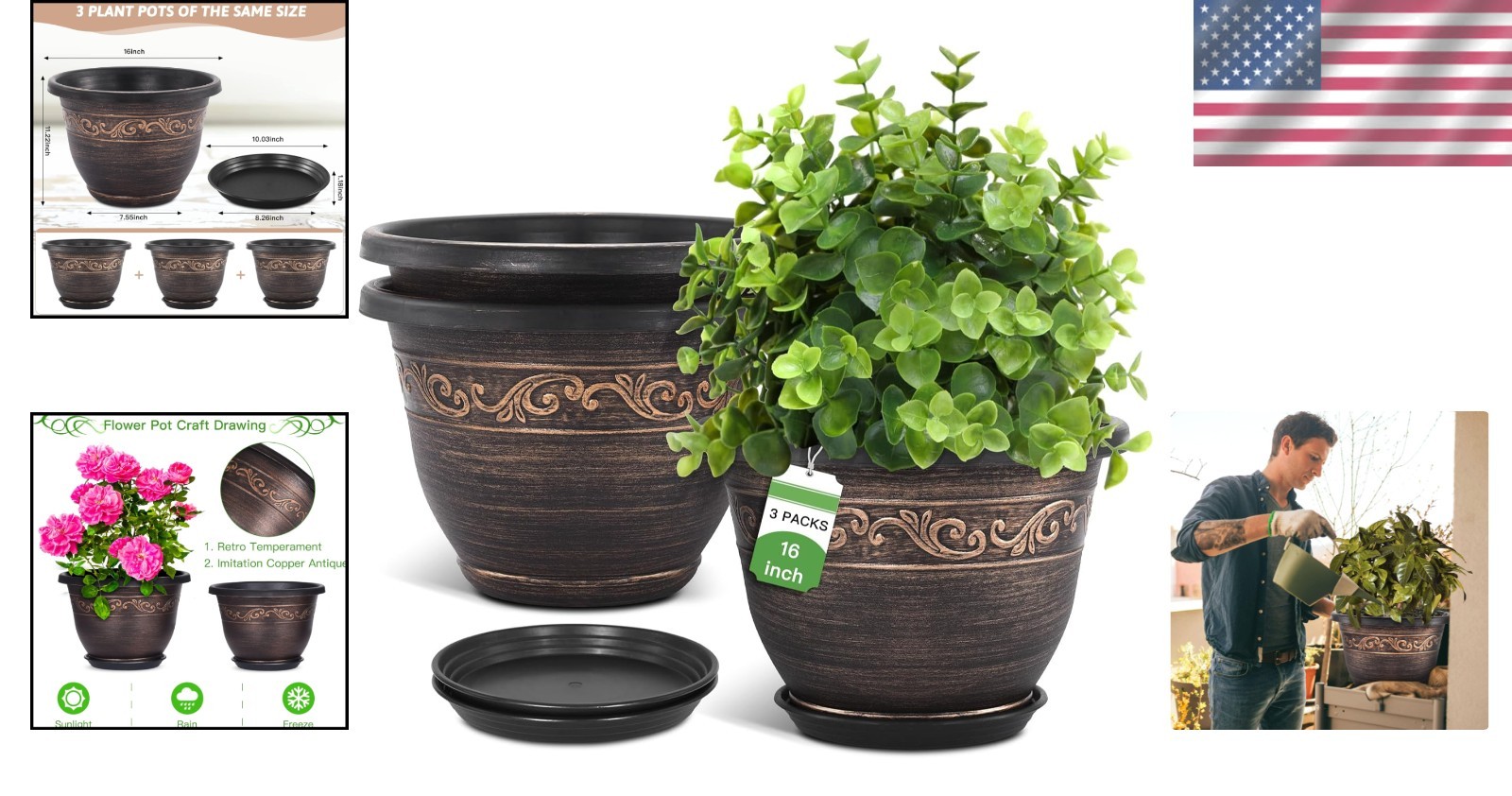 Retro Lightweight Resin Flower Planters - 16 Inch, 3 Pack