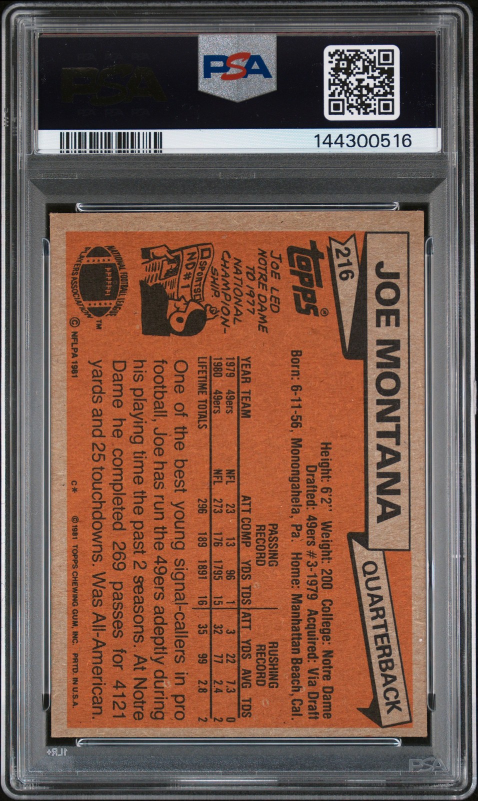 1981 Topps #216 Joe Montana RC Rookie PSA 5 view 2