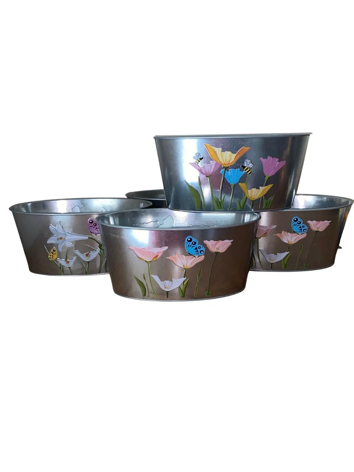 Set of 5 Floral Butterfly Metal Tins 7in Spring Garden Rustic Decor Storage - Image 2 of 4