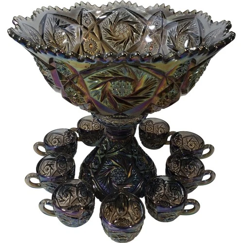 Imperial Glass-Ohio Whirling Star Carnival Glass Punch Bowl Set with 12 Cups Iri