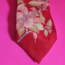 Vintage 70s LEONARD PARIS Tie Silk Red Peach Floral Print ITALY Dogwood Branch