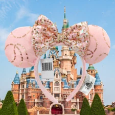 Disney Park Headband Pink Sequins Bow Minne Mickey Mouse Ears Best Day Ever Gift