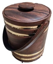 VTG Faux Wood Sugar / Ice Bucket with Lid, Metal Bands, Swing Peg Wooden Handle