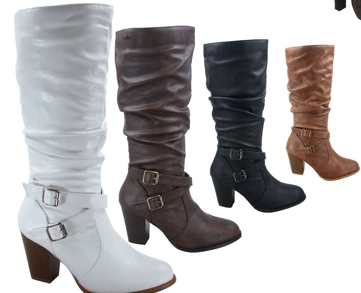 Women's Buckle Zip Chunky High Heel Mid Calf Knee High Boots Women's Buckle Zip Chunky High Heel Mid Calf Knee High Boots