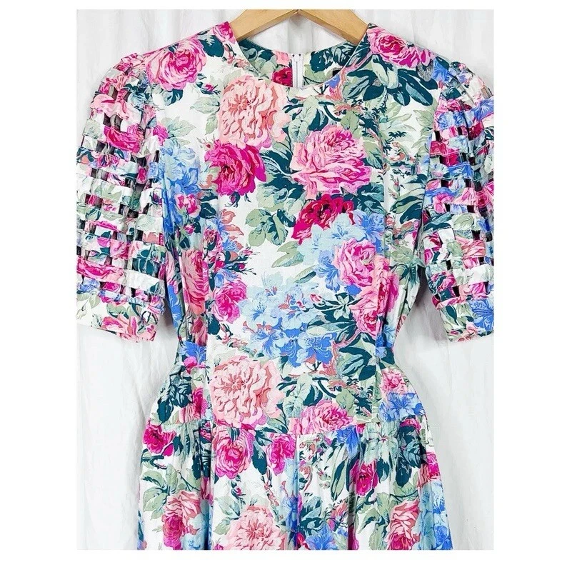 90s Rose Print Giant Open Weave Puff Sleeve Midi Princess Dress - Image 3 of 4