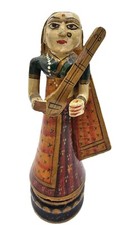 Vtg Old Painted Wooden Rajasthani Folk Musician Lady Statue Collectible 8" H