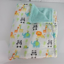 Luvable Friends Baby Blanket White Aqua Animal Panda Bear Lion Elephant Giraffe