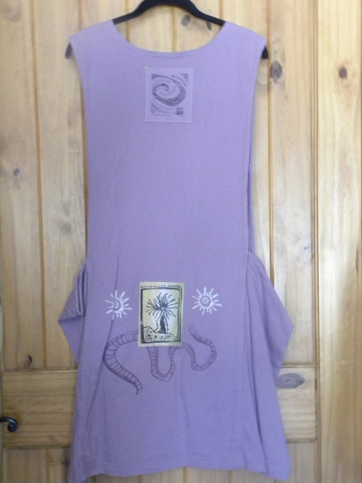 Синий рыбы хлопок PINAFORE платье лаванды фиолетовый Lagenlook вручную напечатано размер 2 - Изображение 3 из 4