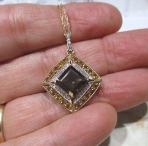 10K Yellow Gold Smoky Topaz Yellow Quartz Diamond Square Pendant Necklace 18"