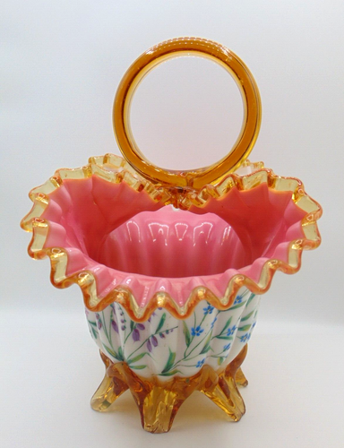 Antique Victorian Harrach Hand Painted Enamel Floral Embossed Glass Basket Vase - Picture 10 of 22