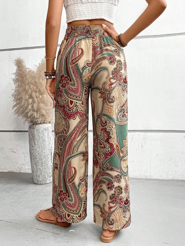 Damen Sommer Mode Blume Elastische Taille Weites Bein Hose- - Bild 17 von 29