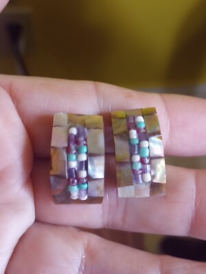 Vtg Half Hoop Earrings Tiled Mosaic Abalone+Seed Bead Earrings