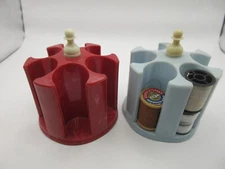 Vtg 1950s Mid Century Marbled Plastic Thread Spool Holders Blue & Red Carousel