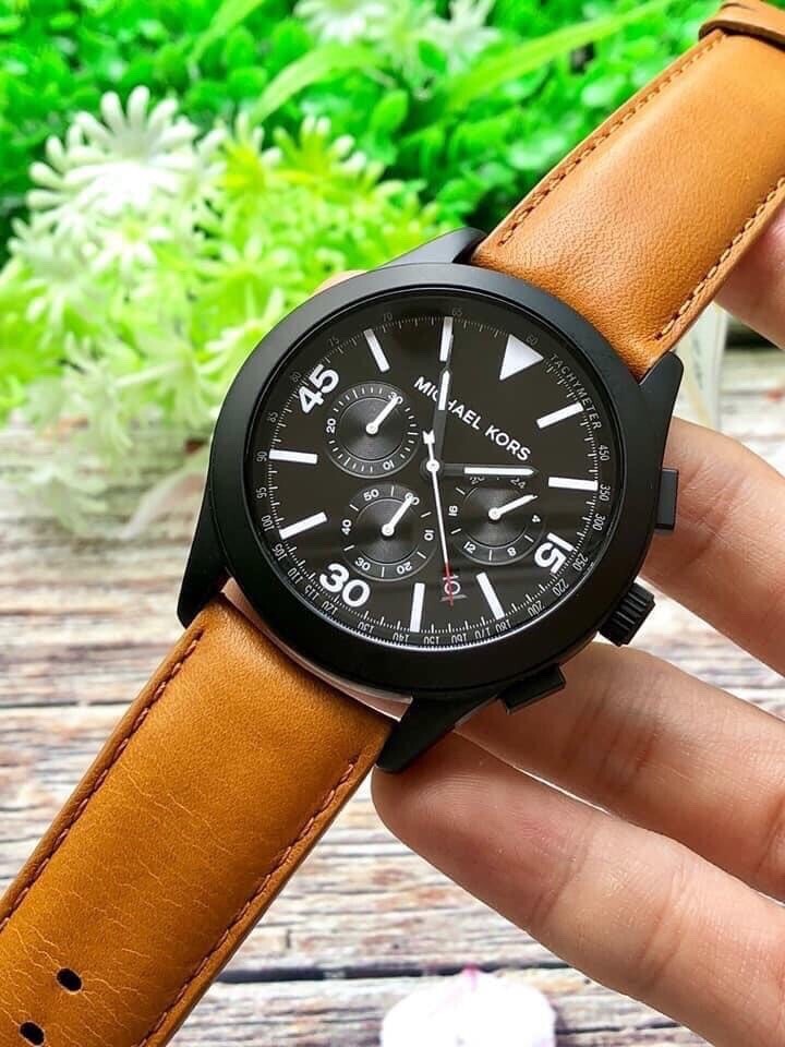 New Michael Kors Gareth Black Dial Leather Strap Chronograph
