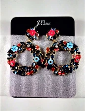 J. CREW G3346 COLORFUL FLORAL HOOP EARRINGS - 2" - NEW