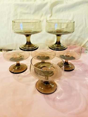 Lot Of 6 Smoke Brown Glass 3 3/4" Footed Dessert Sherbet Glass 8 Ounce - Picture 2 of 5