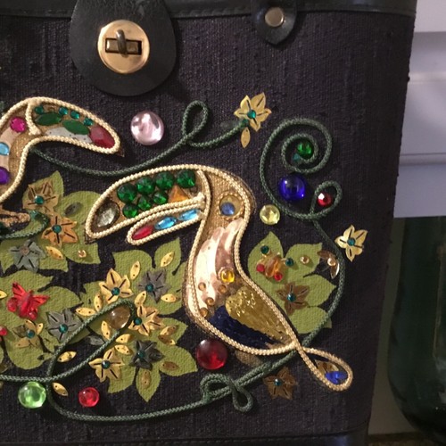 Vintage 1960`s "Jeweled” Canvas Tote Purse Handbag birds Tucans - Picture 3 of 11