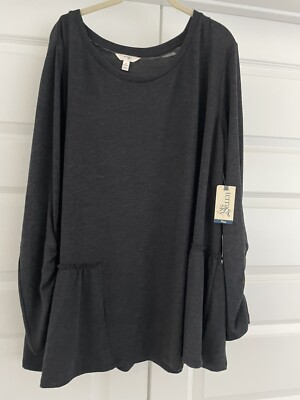 NWT Terra & Sky 1X Knit Top Peplum Ruffle Black Long Sleeves Tunic Length
