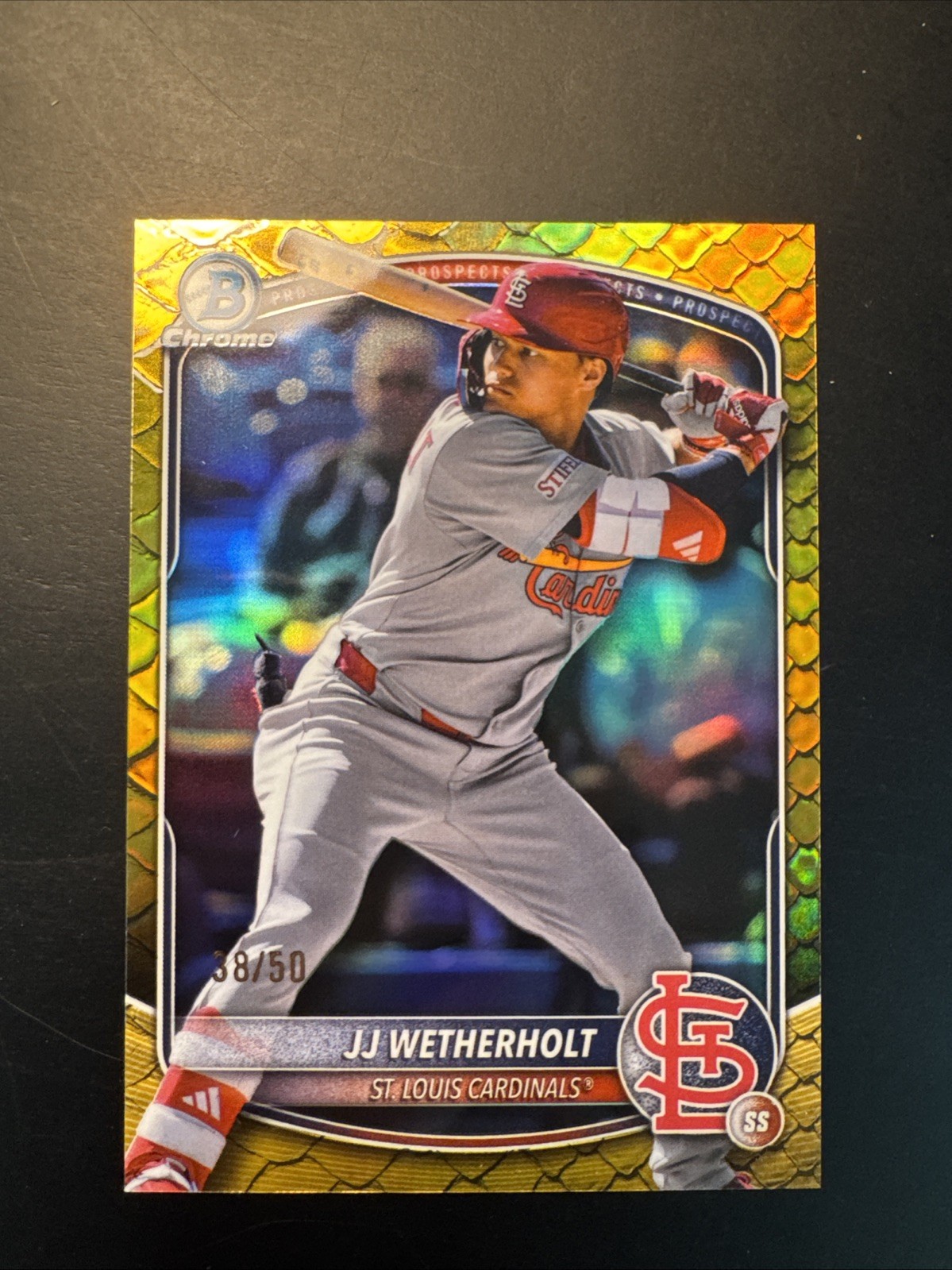 2025 Bowman Chrome JJ Wetherholt 1st Bowman Gold Reptilian Refractor /50