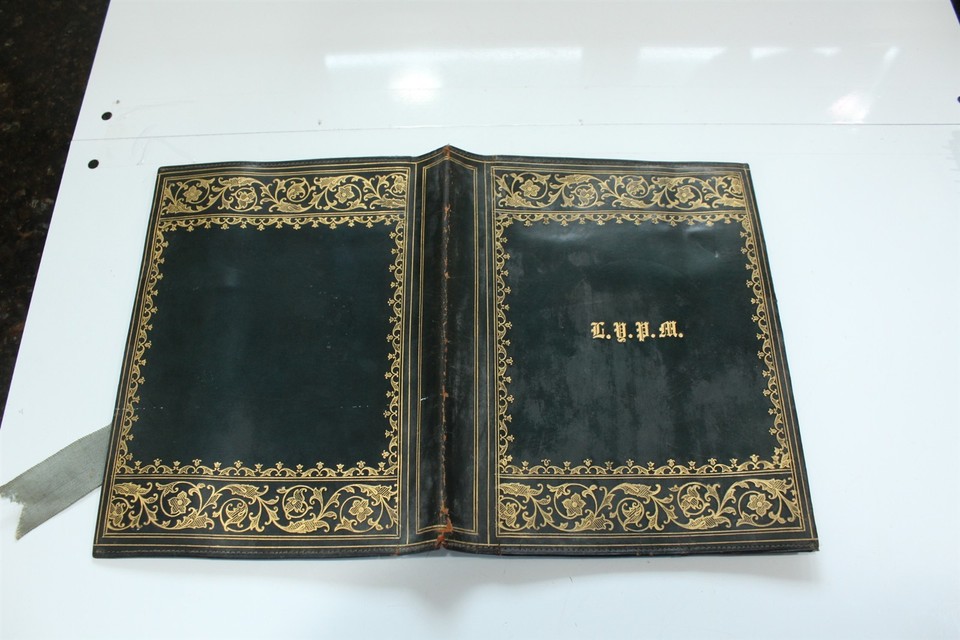Vintage Monogrammed Leather Book Cover With Marker Ribbon 