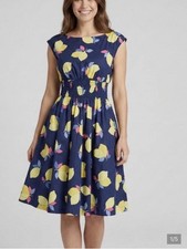 Kate Spade Lemon Print Dres Navy Blue Excellent Smocked Fit Flare Cotton Size 14