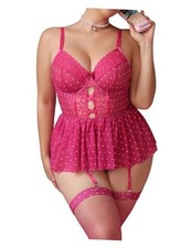 Women's Plus Size Garter Lingerie Set Polka Dots Cut 3X-Large Plus Hot Pink