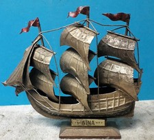 Vintage Metal Model Of Columbus's Sailing Ship The Nina On A Wooden Plinth Gn3