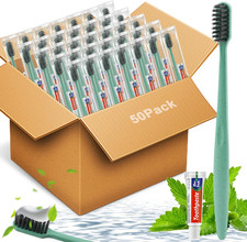 Disposable Toothbrushes with Toothpaste 50 Pack, Disposable Travel Bulk Toothbru