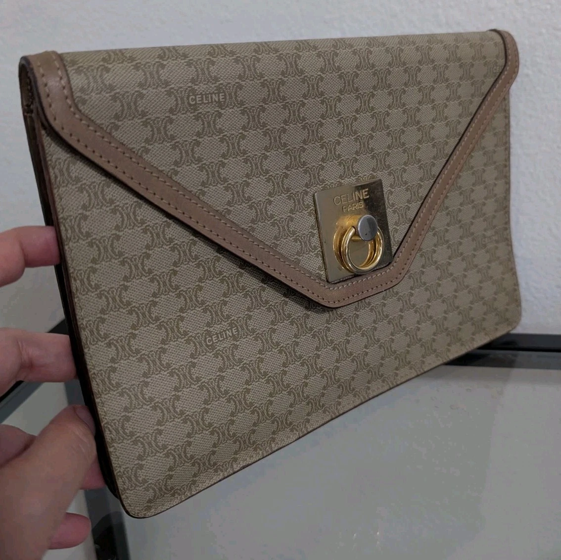 Borsa pochette originale vintage CELINE Macadam Triomphe Blason beige