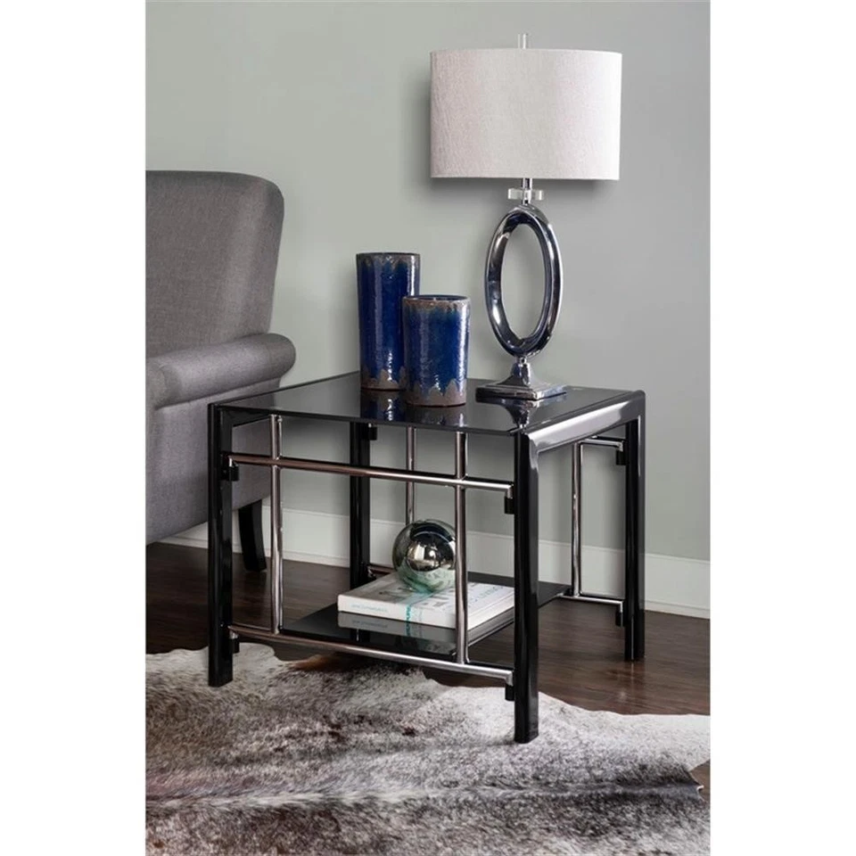 Linon Dart Steel End Table Top and Bottom Glass Shelves in Glossy Black - Image 2 of 4
