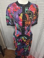 Vintage Colorful Abstract Pattern Midi Dress with Decorative Buttons