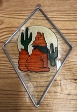 VTG Stained Glass Window Sun Catcher Coyote Howling Cactus Diamond Southwest