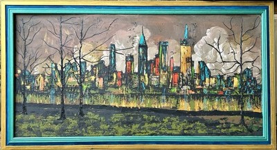 MCM New York City Skyline Oil Painting Board Impasto Abstract Modernist Vibrant