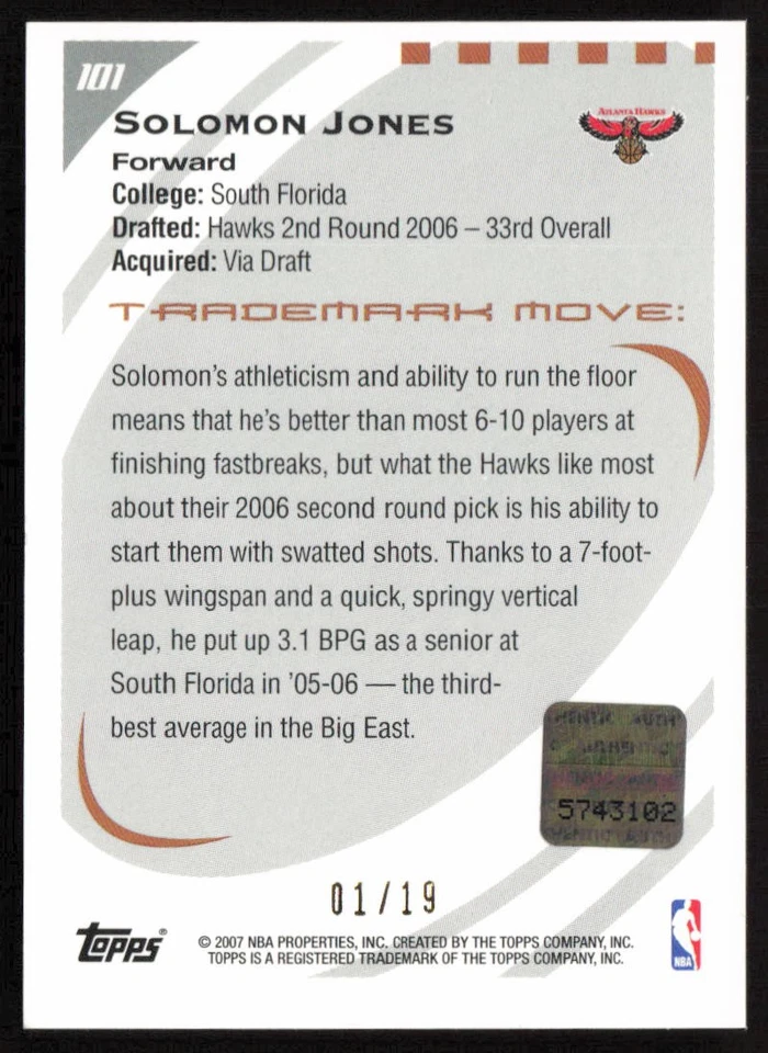 2006-07 Topps Trademark Moves Wood Auto /19 Solomon Jones #101 Rookie Hawks - Image 2 of 2