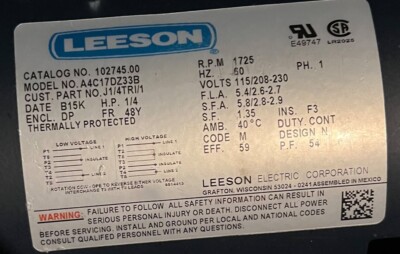 Leeson 1/4 HP Motor, 115/208-230V, Cat# 102745.00