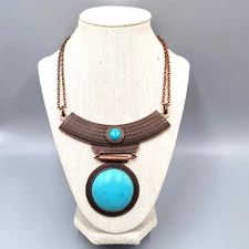 Large Medallion Statement Necklace Bronzetone Blue Howlite Pendant 18"