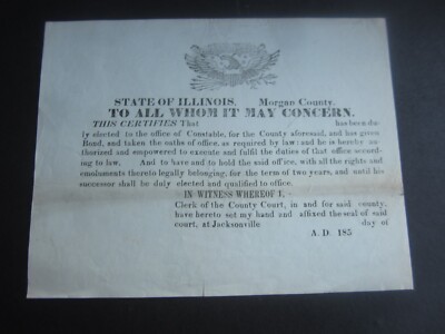 1850's Jacksonville ILL - Morgan Co. Constable Certification Document - Unissued