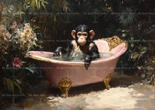 MONKEY IN BATHTUB ART PRINT, Animal Jungle Primate Poster, Bathroom Decor F744